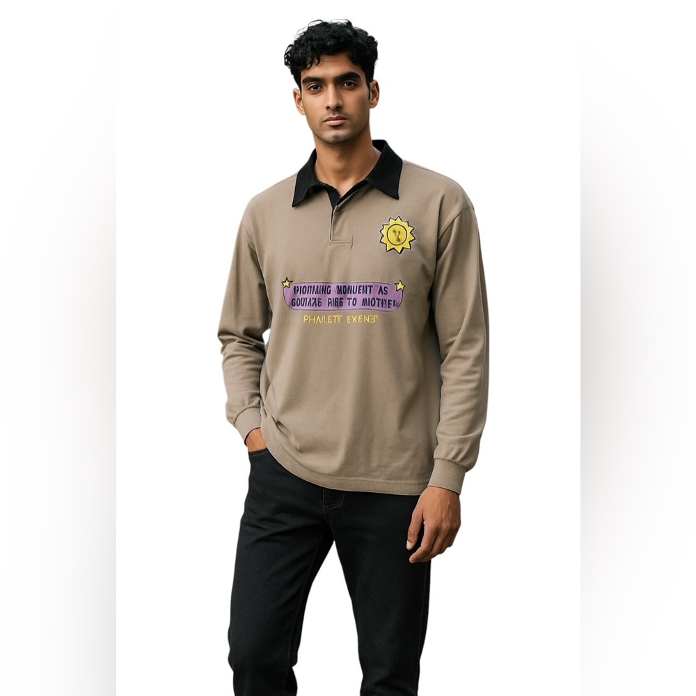 SELECT START DREYFUS ART LONG SLEEVED GRAPHIC POLO SHIRT Size M Tan